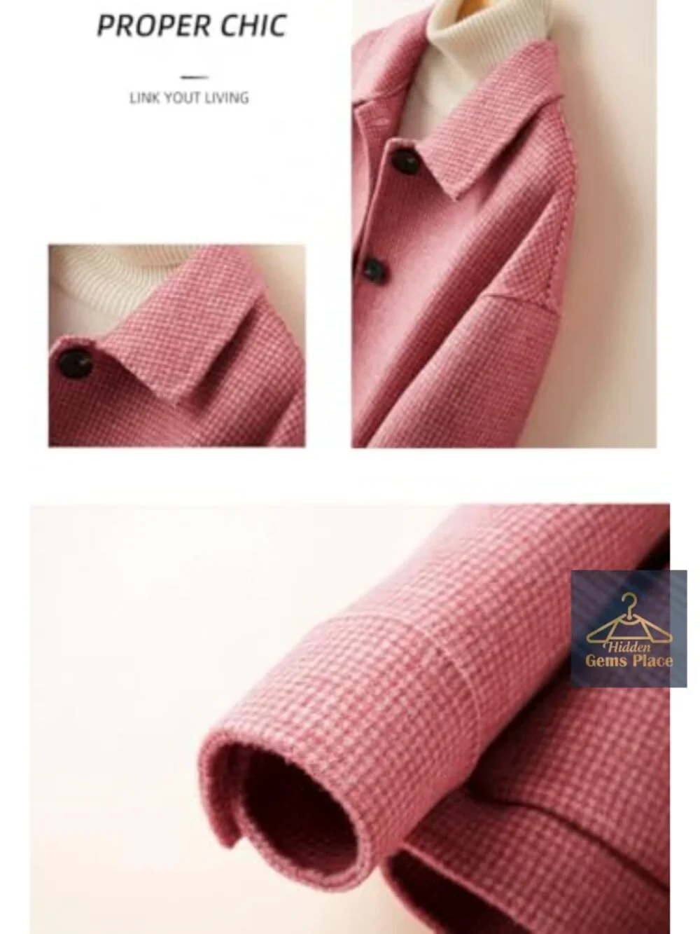 Women's Elegant Houndstooth Plaid Wool Blend Pea Coat with Pockets
